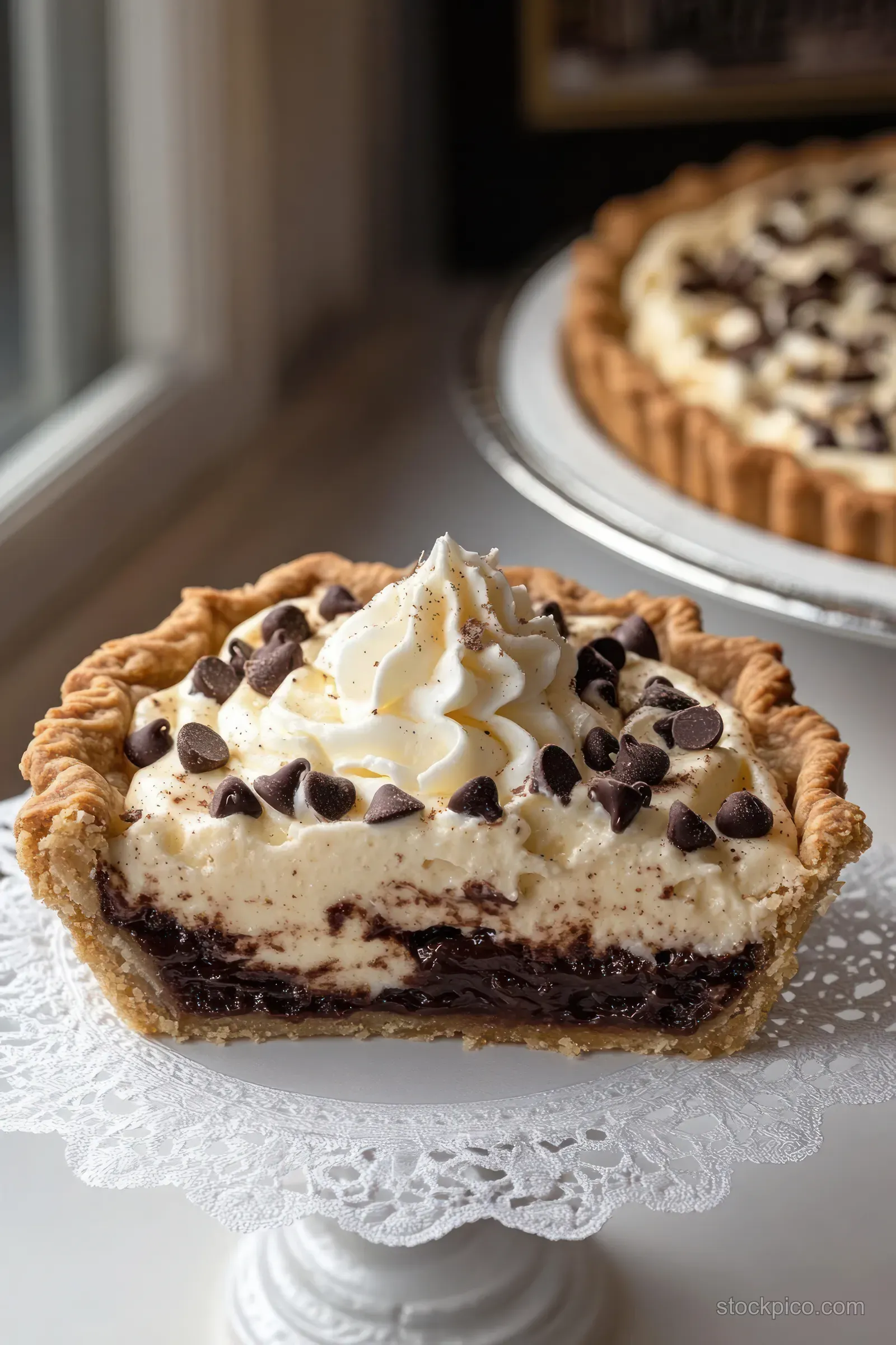 Creamy chocolate and vanilla pie slice on a lace doily, topped with whipped cream and chocolate chips on a cake stand.