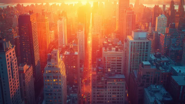 Aerial view of Riyadh's skyline at sunset, highlighting modern skyscrapers and warm golden light over the city.