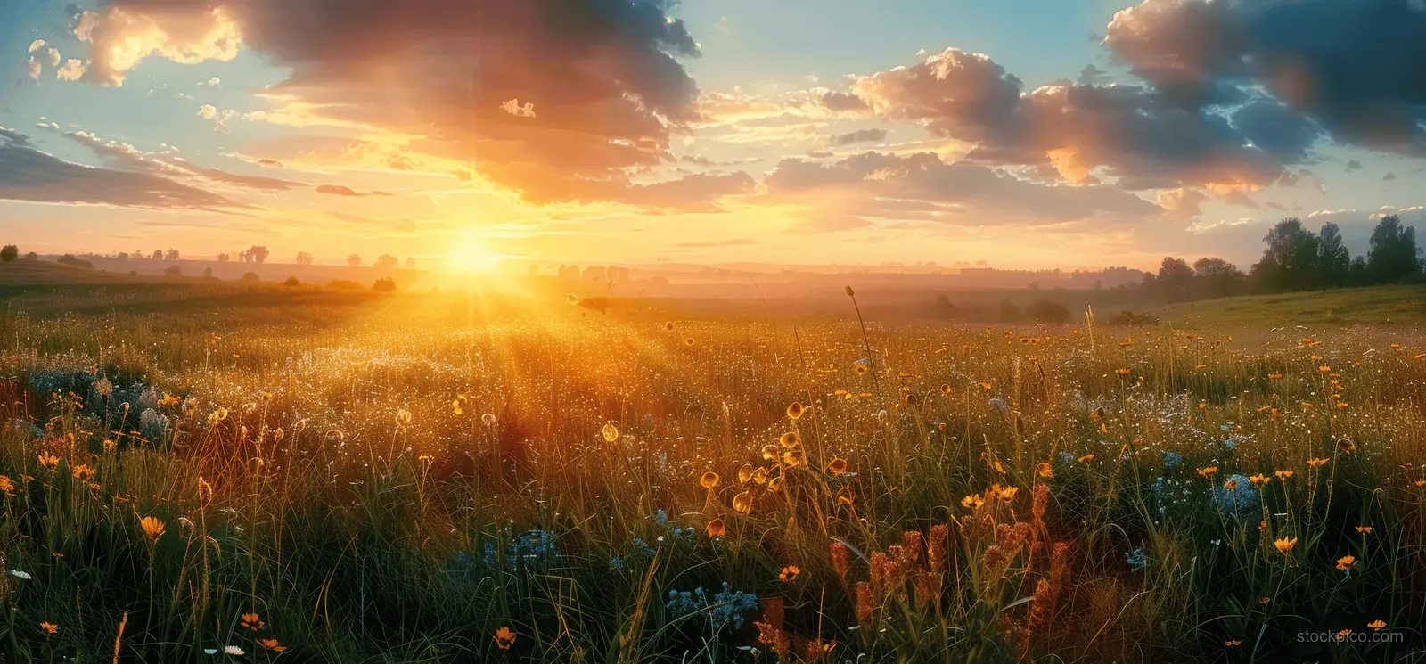 Golden sunrise lights a panoramic summer meadow filled with wildflowers and sun rays across the horizon.