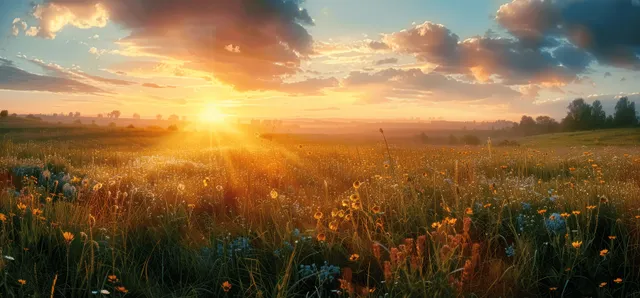 Golden sunrise lights a panoramic summer meadow filled with wildflowers and sun rays across the horizon.