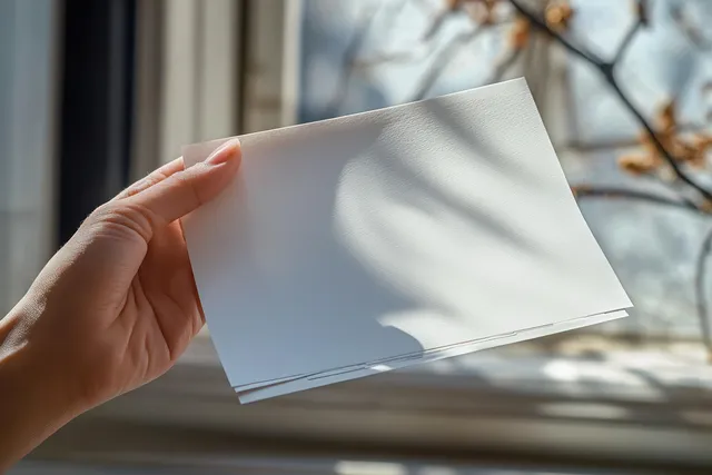 Hand holding blank white paper near window with tree-branch light shadows and soft daylight
