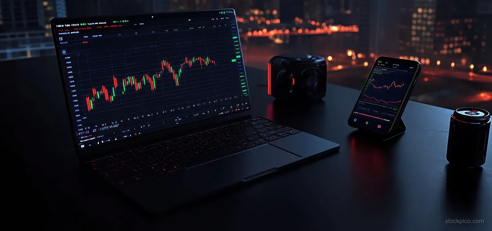 Laptop and smartphone on a dark desk show stock charts while nighttime city lights blur behind them.