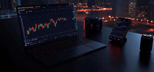 Laptop and smartphone on a dark desk show stock charts while nighttime city lights blur behind them.