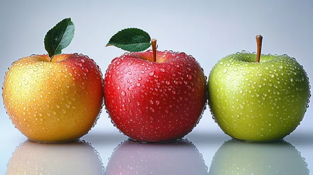 Three apples in yellow, red, and green covered with water droplets and leaves reflected on a shiny surface.