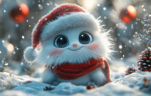 A smiling fluffy cartoon monster in a Santa hat in a snowy Christmas setting with lights and pine decorations.