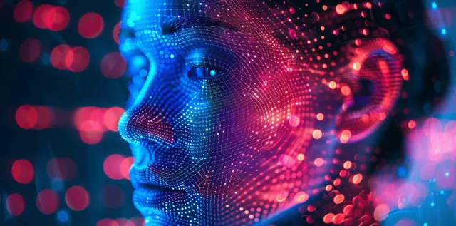 A human face made of glowing blue and pink dots against a dark background.