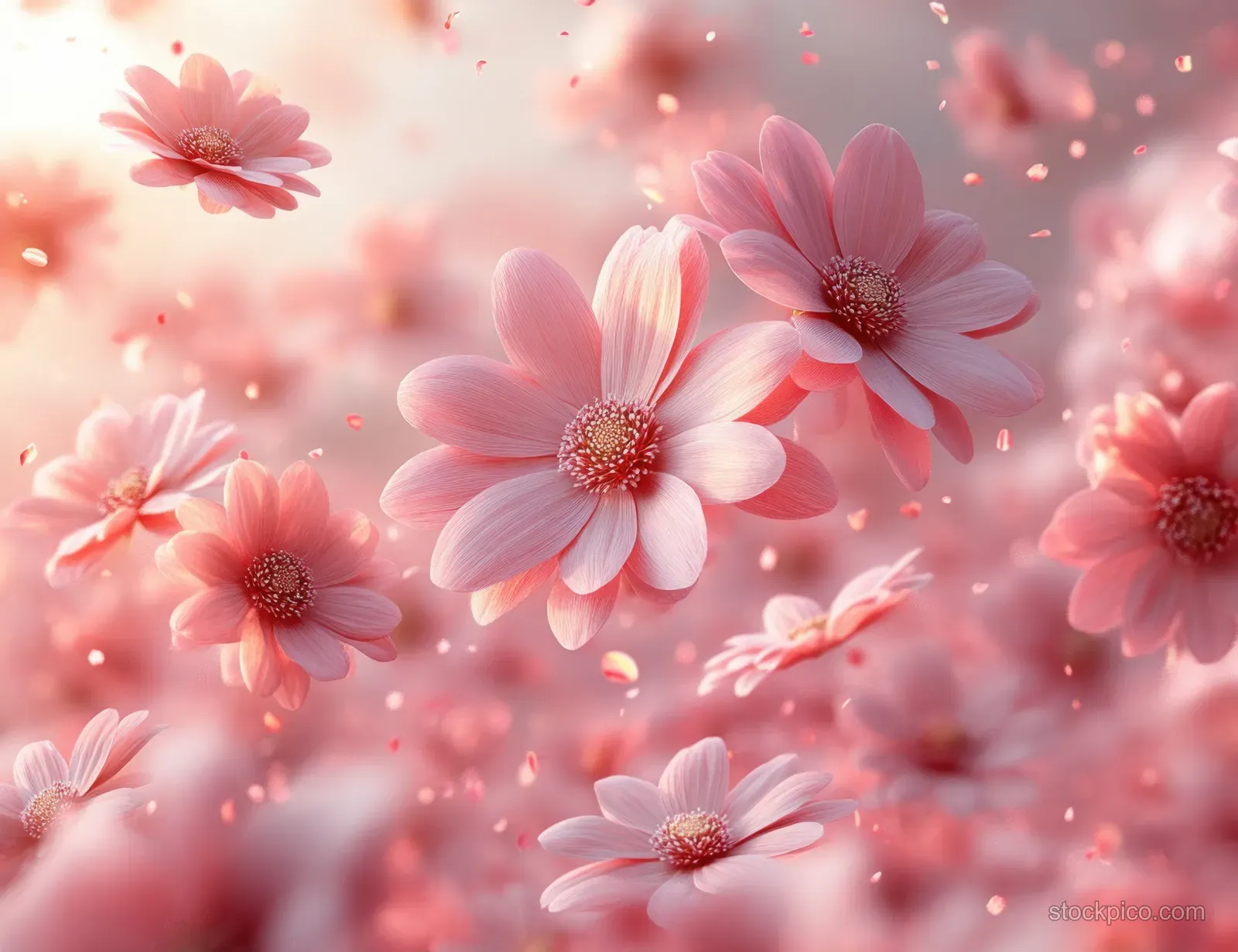 A 3D ancient woman statue surrounded by drifting pink flowers and scattered petals against a gray backdrop.