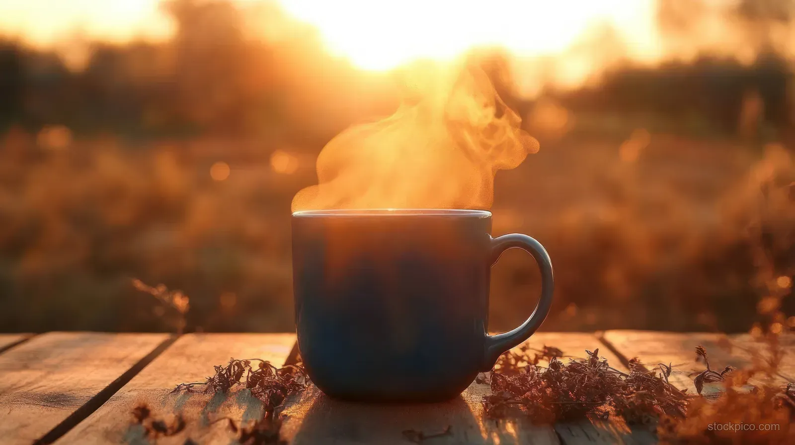 A blue ceramic cup of hot tea steaming on a rustic wooden table at golden sunset outdoors.