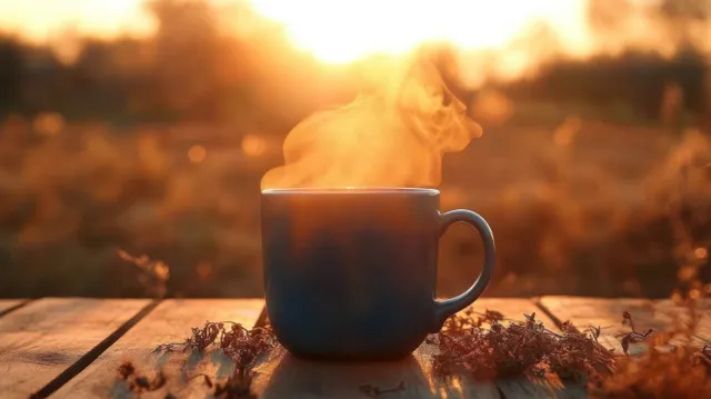 A blue ceramic cup of hot tea steaming on a rustic wooden table at golden sunset outdoors.