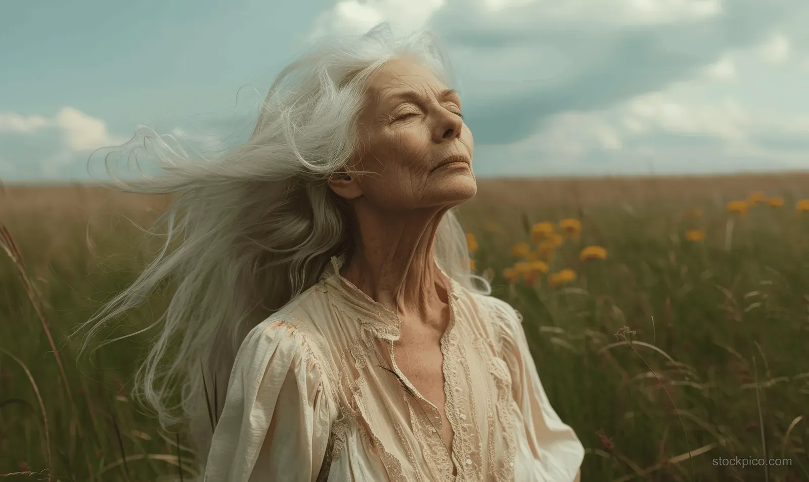 Elderly woman with white hair stands in a yellow flower field with eyes closed in warm sunlight.