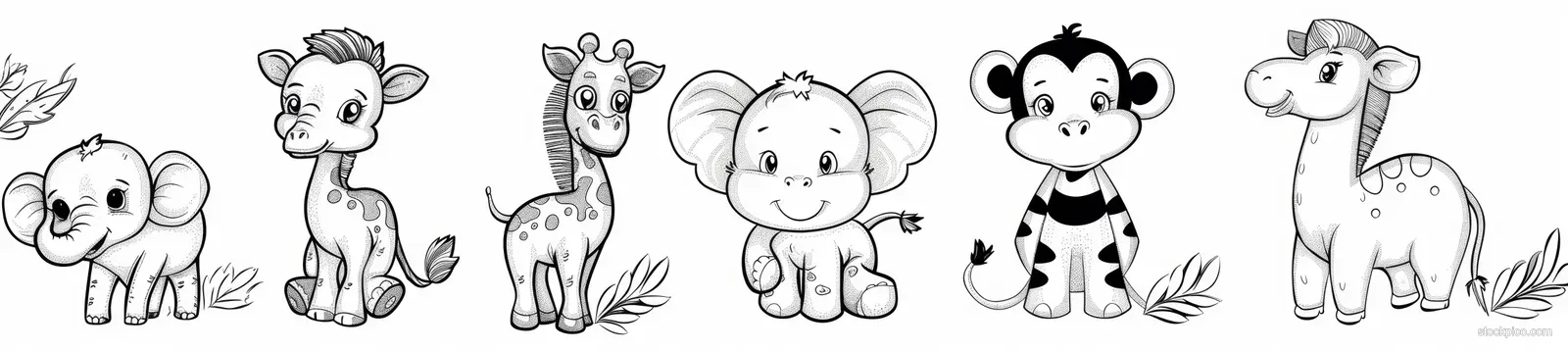 Black-and-white outlines of elephant, zebra, giraffe, monkey, and gazelle in a row for a children’s coloring page.