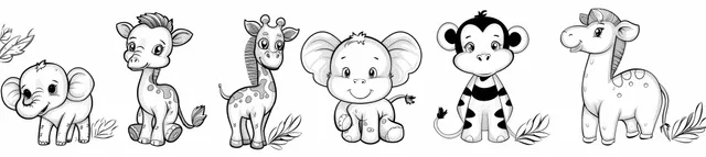 Black-and-white outlines of elephant, zebra, giraffe, monkey, and gazelle in a row for a children’s coloring page.