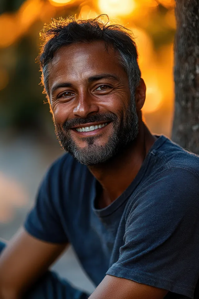 A smiling young man relaxing outdoors in warm summer sunset light with soft bokeh background.