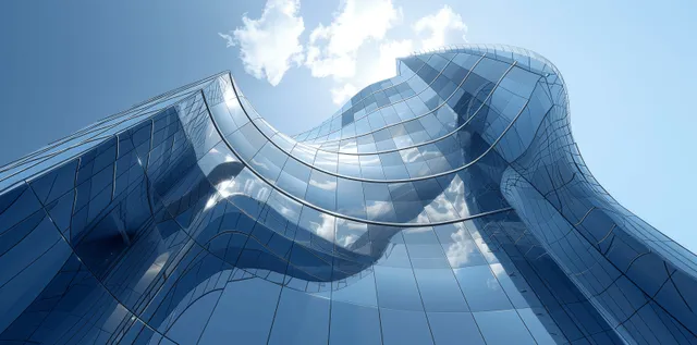 Curved blue glass skyscraper facade with reflective windows viewed from street level in a city downtown scene.