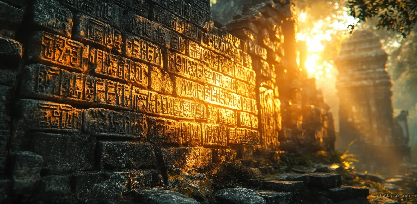 Ancient Greek inscriptions carved into a stone wall illuminated by warm sunlight through misty ruins.