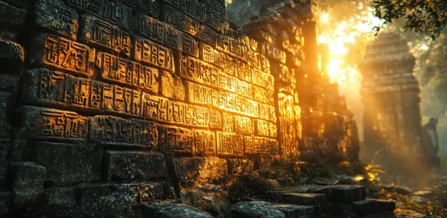 Ancient Greek inscriptions carved on stone wall, sunlight flaring through misty ruins