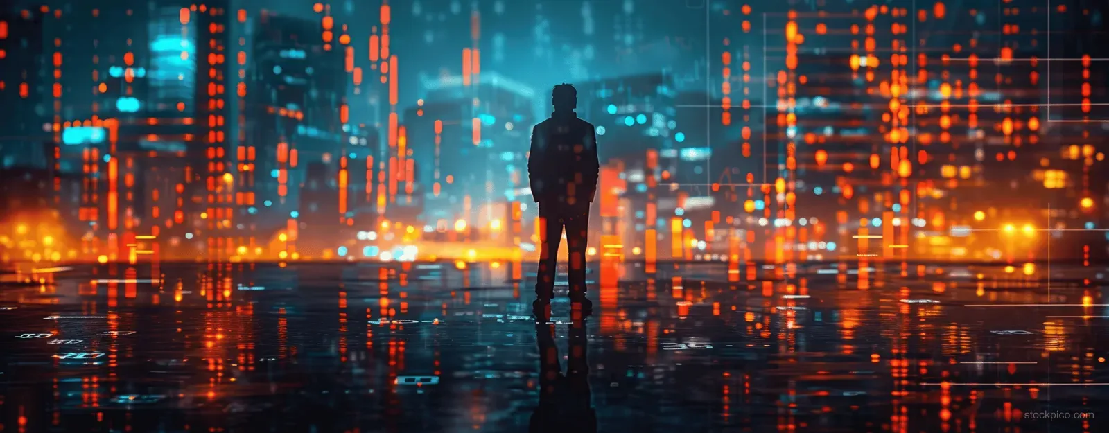 Silhouetted businessman stands before glass skyscrapers with glowing stock chart lines reflected on a rainy night street.