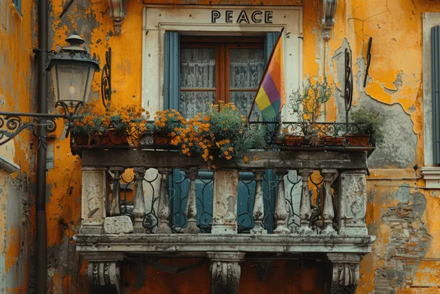 Historic Rome balcony with peace lettering, rainbow flag, and flower pots on an ornate stone railing.