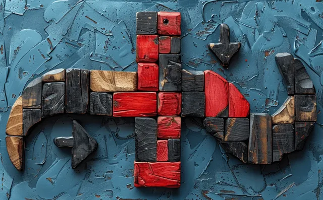 Red and black blocks arranged on a cracked blue wall suggest revising strategy to avoid risk.