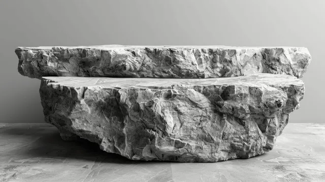 A rough white stone podium with chiseled edges sits on a light grey floor against a plain studio backdrop.