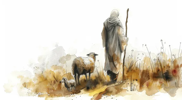 Watercolor painting of Jesus as a shepherd standing among lambs in a meadow with tall grasses.