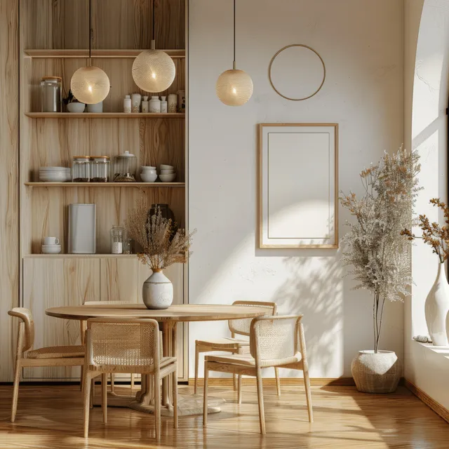 Scandinavian dining room with wooden table, pendant lights, shelves, and a blank poster frame on the wall.