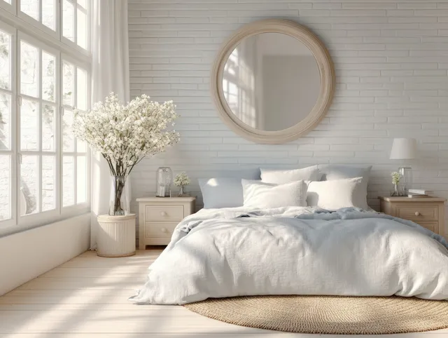 Scandinavian bedroom with a neatly made bed, pastel pillows, a circular wall mirror, and sunlit windows.