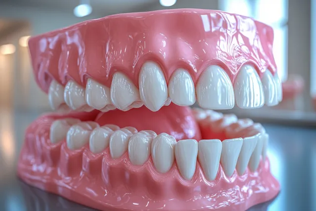 Close-up of a realistic tooth model with pink gums, visible tartar buildup, and detailed enamel texture.