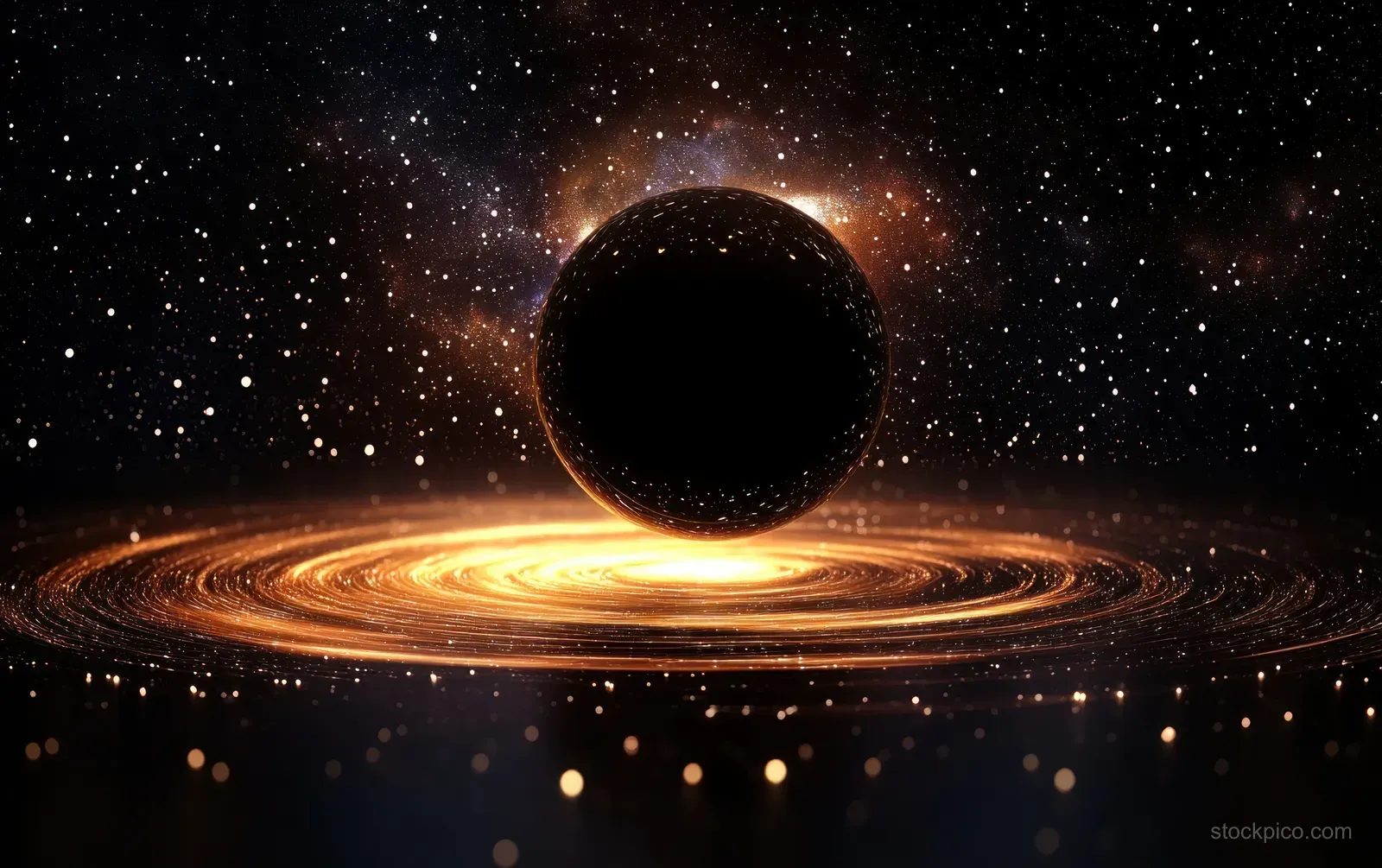 A black hole silhouette with a glowing ring and swirling accretion disk surrounded by distant galaxies and stars.