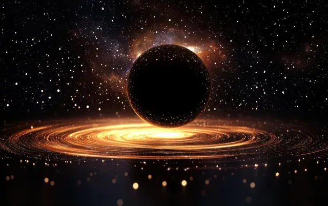 A black hole silhouette with a glowing ring and swirling accretion disk surrounded by distant galaxies and stars.