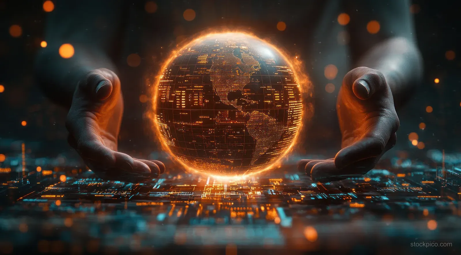 Two hands hold a glowing holographic globe above streaming network data icons and server lights.