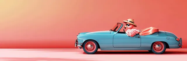 A flamingo with a sun hat and sunglasses drives a blue convertible car on a pastel peach gradient background.