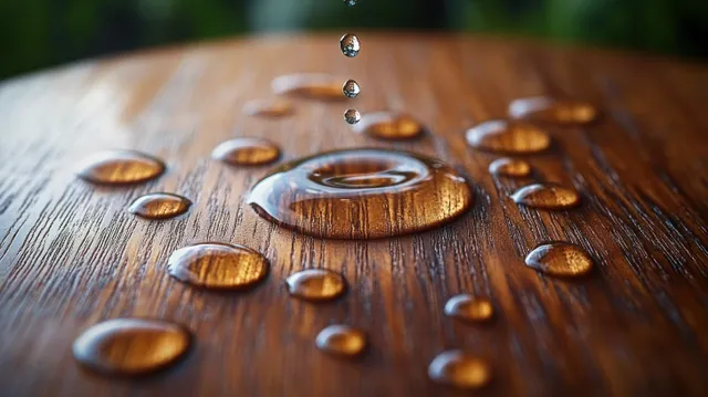 Clear water droplets bead on a polished wooden surface while a few drops fall from above toward the center.