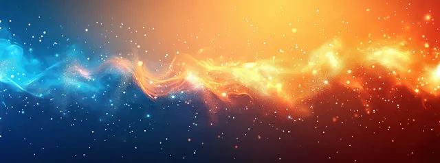 Orange and blue welding sparks spiral across a textured industrial background with glowing light streaks.