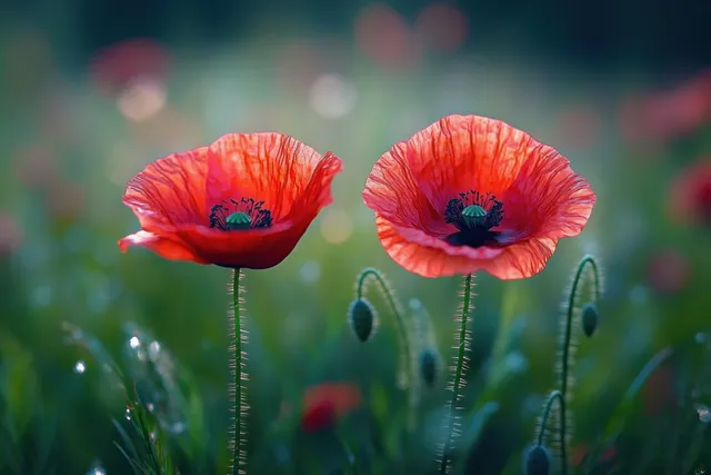 Red poppy blossoms standing among dewy green grass with detailed stamens in soft light