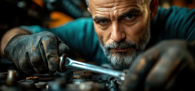 Gloved mechanic tightens an engine bolt with a wrench in a dusty garage workshop.