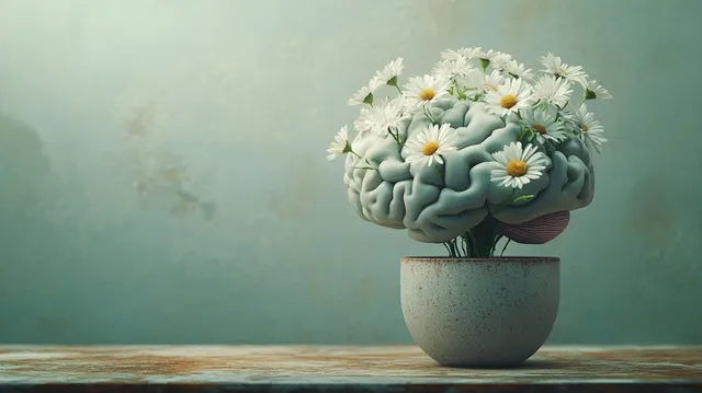 Surreal potted brain with daisies sprouting on a wooden table against blue-green backdrop