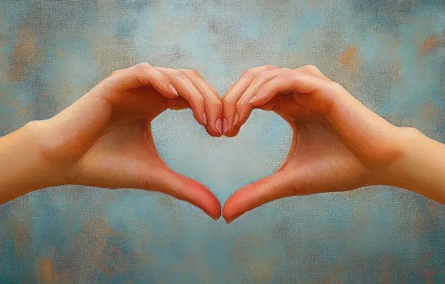 Two hands form a heart gesture against textured blue and orange backdrop