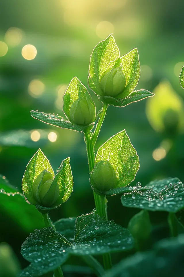 Zucchini plant stems and fresh green leaves illuminated by warm sunlight in a softly blurred garden.