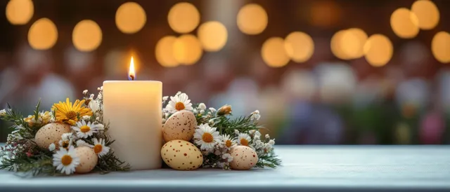 Lit white candle surrounded by Easter eggs and daisies on a blue surface with warm bokeh lights behind.