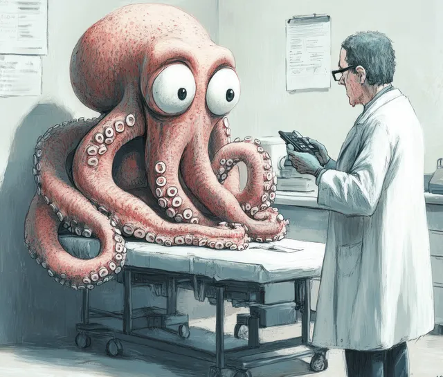 A doctor in a white coat checks a perplexed octopus on an examination table in a clinic.