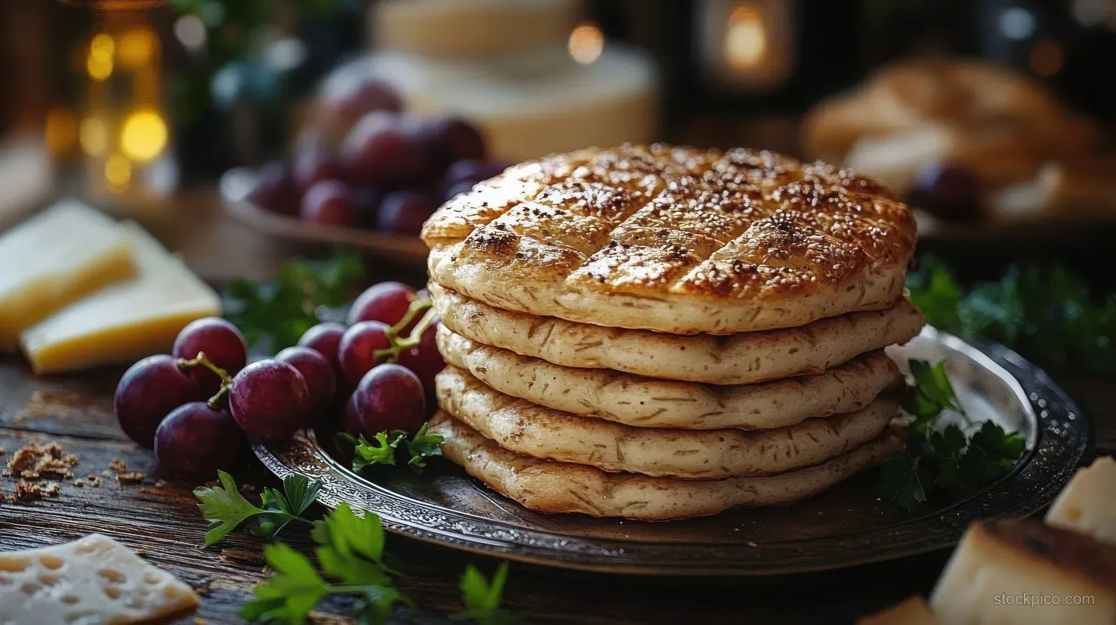 Sesame flatbreads stacked on a silver tray with red grapes, herbs, and cheese on a rustic wooden table.