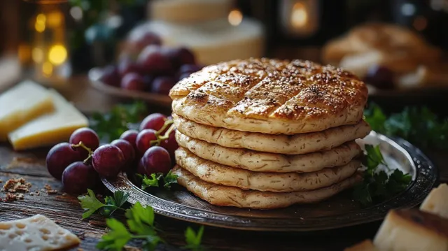 Sesame flatbread stack on a silver plate with red grapes and herbs on rustic table
