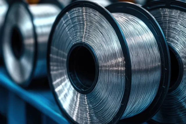 Shiny metal wire coils on black spools in a workshop, tightly wound and reflective