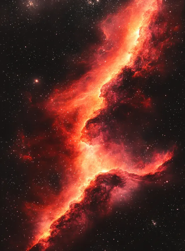 A red and orange glowing nebula with dusty filaments stretches across deep space filled with distant stars.