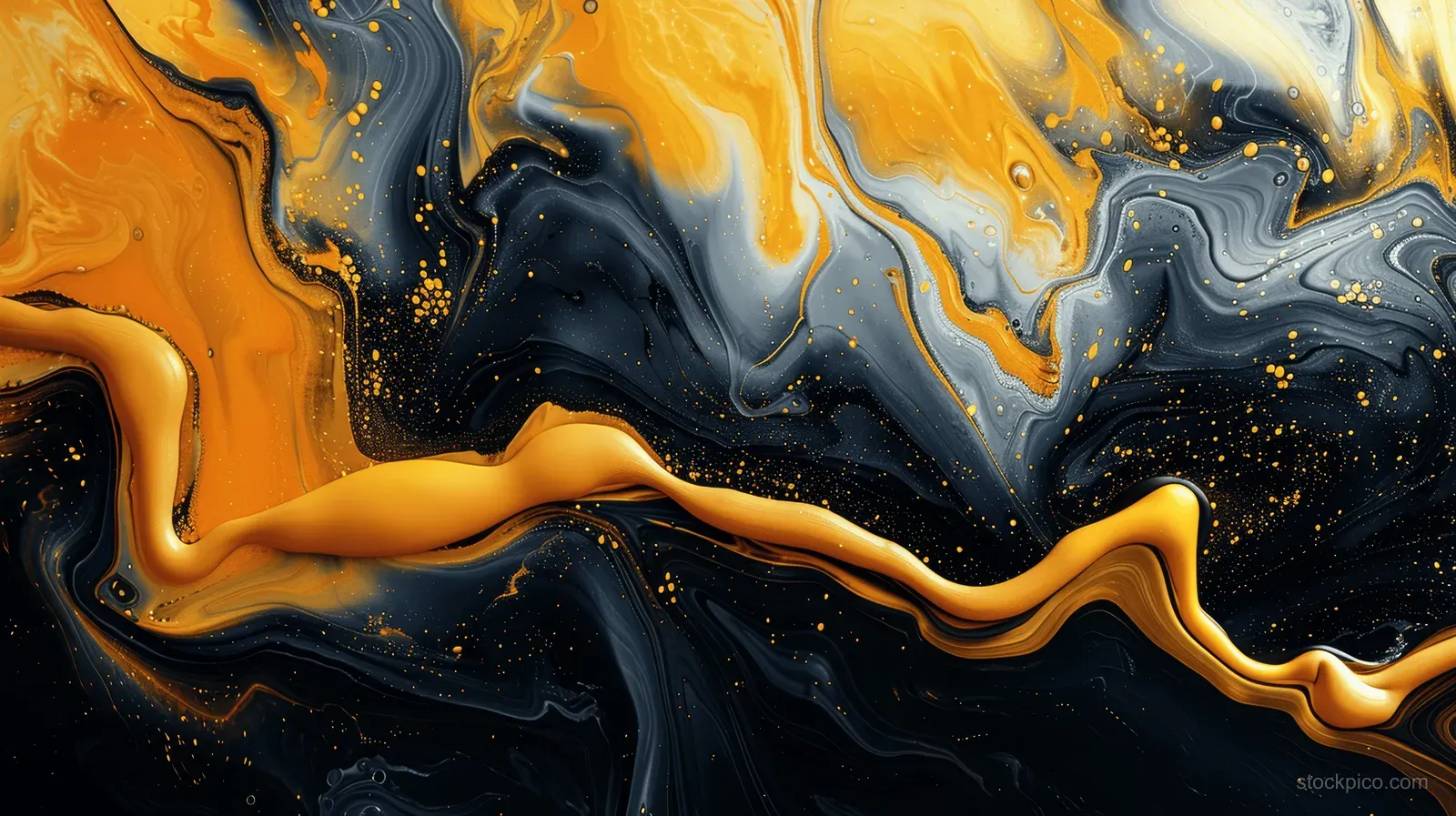 Glossy golden ribbons and deep black liquid swirls create a marbled abstract background with flowing curves.
