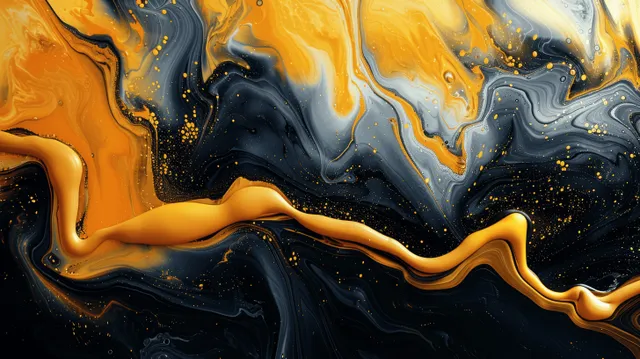 Golden and black liquid swirls with glossy marbling texture across an abstract background
