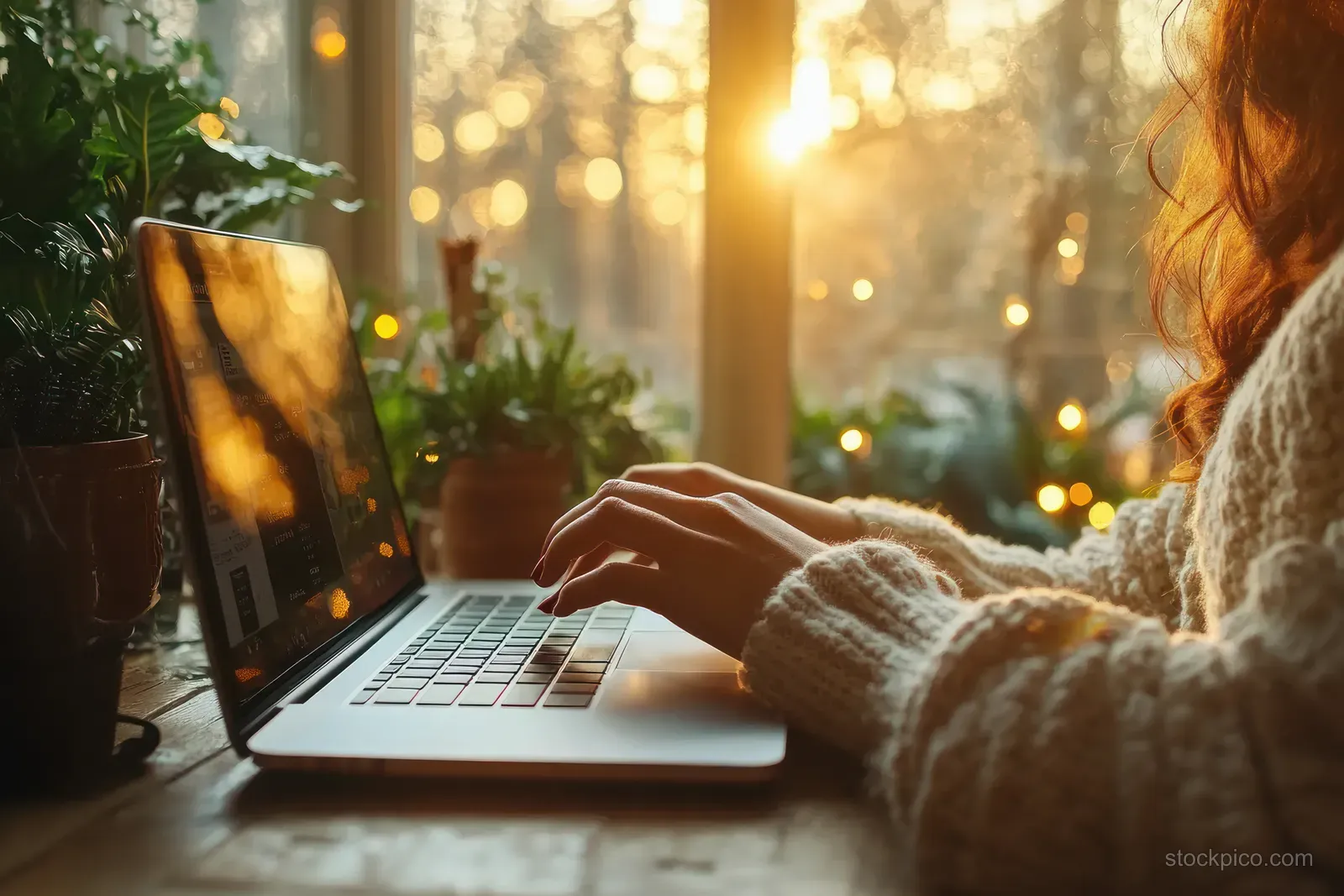 A woman’s hands typing on a laptop at a desk with plants and warm sunrise bokeh behind.