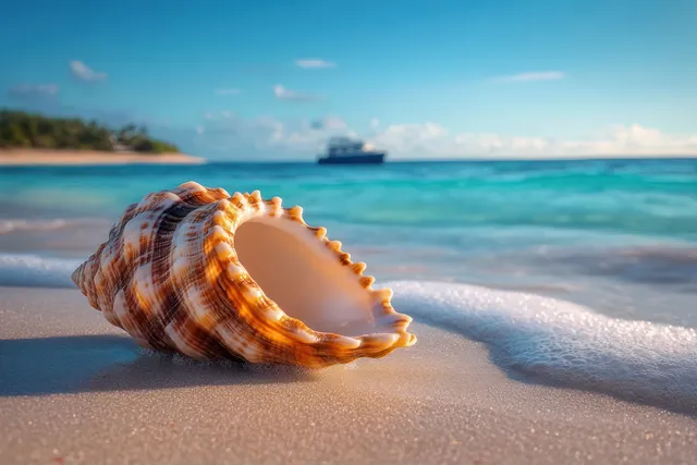 Close-up seashell on sandy beach with turquoise waves and distant boat on clear horizon