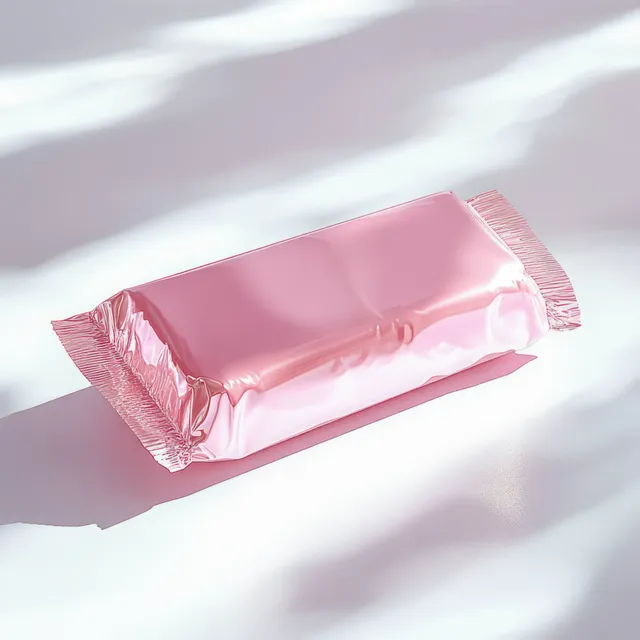 Rectangular candy bar wrapped in glossy pink foil on a white surface with soft shadows.